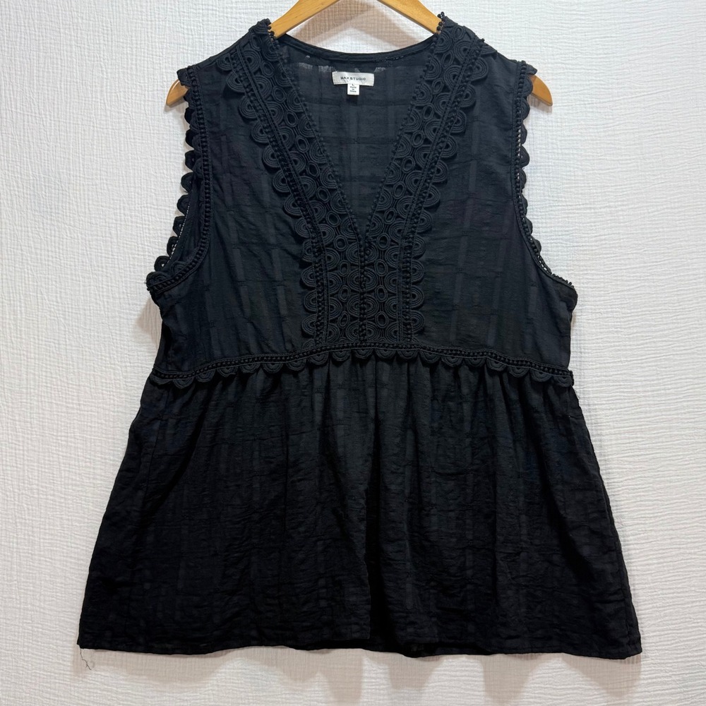 Max Studio Babydoll Top Womens Large Black Sleeveless Crochet Lace‎ Peplum Boho